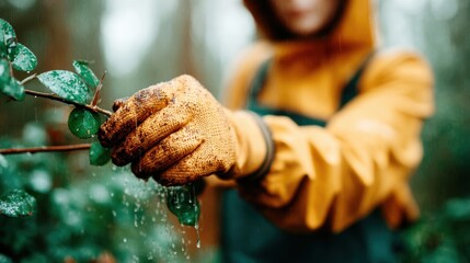 A person in a rain slicker and gloves tends to wet plants in a garden, showcasing the nurturing relationship between humans and nature, even in challenging weather conditions.
