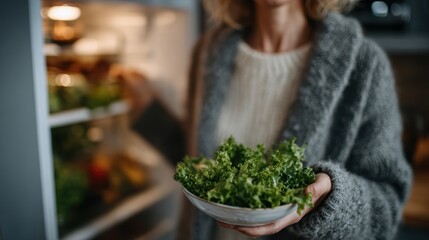 A woman in a cozy sweater holds a bowl filled with fresh, vibrant greens, embodying a healthy, nutritious lifestyle in her warm and inviting kitchen.