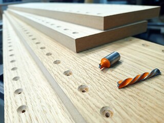 broken drill bit during drilling in furniture production.. technological holes for fastening...