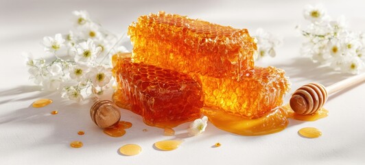 The honeycomb and honey dipper on white background with flowers and glossy drizzle