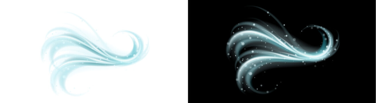PNG image of Dynamic collection of light blue icy wind swooshes incorporating glowing winter snowflake particle effects on transparent background