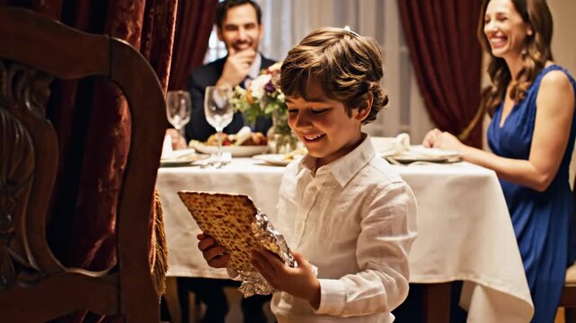 Young boy finding afikoman under table with family at Passover Seder, showing joyous moment during Jewish holiday celebration