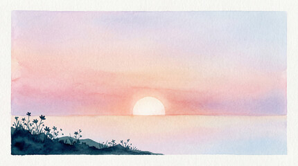 Pastel watercolor sunset over calm sea. Soft sunset glow and horizon wash, minimal seascape for summer solstice card, travel season banner, peaceful wall art concept, mindful meditation theme