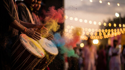 Drummers pound dhol as powder bursts. Color powder swirls around dhol drums, powder sparkles in string lights during Holi celebration for spring festival promo, travel ads, party posters