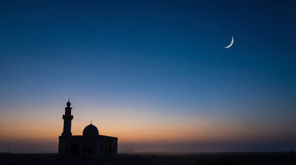 Mosque silhouette under crescent night sky. Tranquil mosque at dusk with crescent and stars, wide copy space for Ramadan Kareem greeting, Eid Mubarak banner, spiritual travel concept
