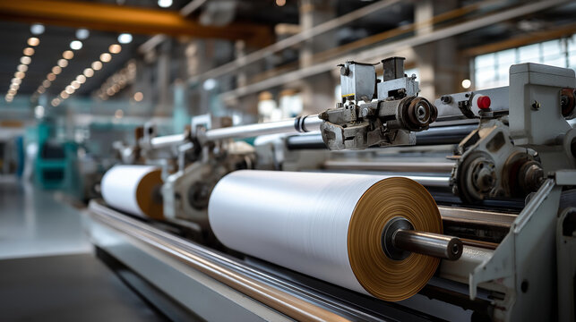 Industrial paper cutting machine rollers close-up, defocused factory interior background, manufacturing equipment detail, with copy space
