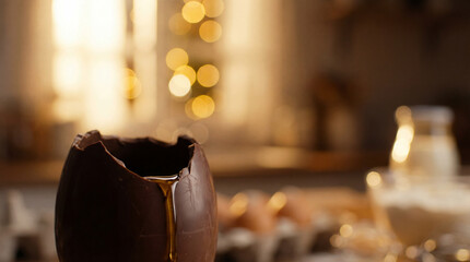 Broken chocolate egg with caramel drip. Chocolate egg shell holds syrup, chocolate treats with warm bokeh lights for easter celebration, spring brunch banner, cozy food photography concept