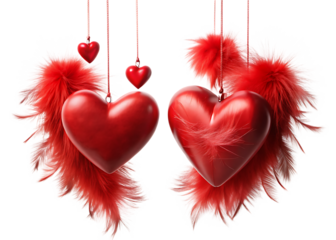 Red hearts with feathered wings hanging on strings against black background