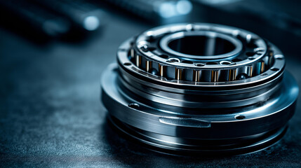 Industrial bearing close-up on dark background, engineering design component, precision mechanical element detail, with copy space