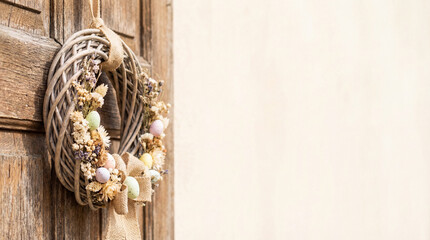 Easter wreath on rustic door. Wreath with pastel eggs, dried flowers, burlap bow, copy space for easter greeting, spring sale banner, farmhouse decor concept, warm neutral background