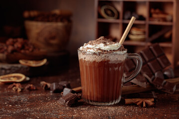 Hot chocolate topped with whipped cream and sprinkled with chocolate chips.