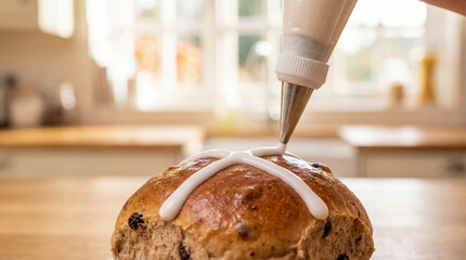 Icing cross piped on hot bun. Close up bun with white icing, bun topped for Easter brunch and Good Friday baking, warm kitchen bokeh, homemade pastry concept, copy space, spring holiday menu