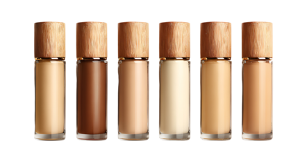 Collection of six liquid concealer tubes with wooden caps isolated on transparent background