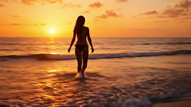 Tranquil Silhouette: A lone figure strolls along the seashore as the sun dips below the horizon, bathing the scene in warm hues of orange and gold. It's a perfect encapsulation of peace and serenity.