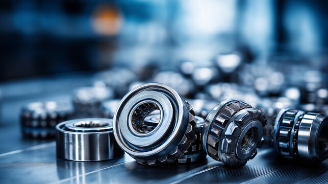 Close-up of many metallic ball bearings with industrial background, precision components collection, engineering elements display, with copy space