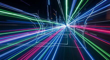 Dynamic digital hyperspace tunnel constructed from luminous energy streaks converges toward a distant vanishing point