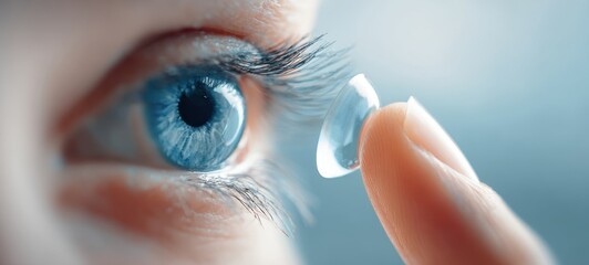 The Contact Lens Being Placed on a Bright Blue Human Eye in Closeup