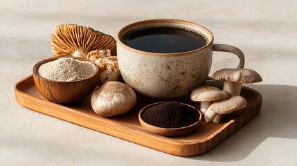 Functional mushroom coffee with Reishi and Chaga on wooden tray with cup, powder, and mushrooms on light background. Ai generative.