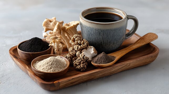 Functional mushroom coffee with Reishi and Chaga on wooden tray with cup, powder, and mushrooms on light background. Ai generative.