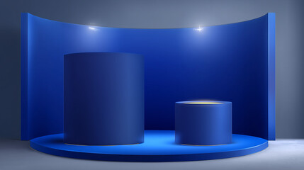 3d dark blue stand booth for presentation event mockup. Vector promotional blank wall in room display for exhibition with table or podium. Empty expo business cube corner kiosk retail background set 