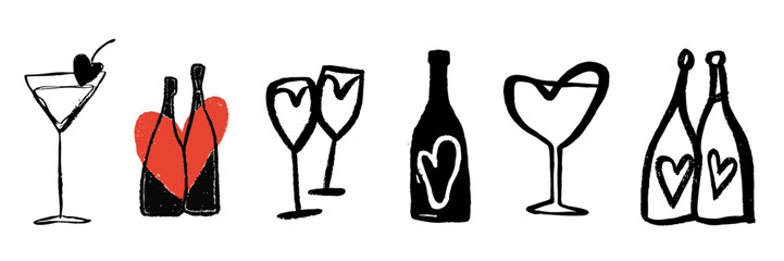 Hand drawn valentine drinks and cocktails with champagne bottles for romantic dates and celebrations © ink drop