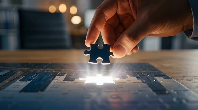 Close Up of Hand Placing Last Puzzle Piece in Blue Puzzle with Bright Light and Wooden Table in Office Under Soft Lighting