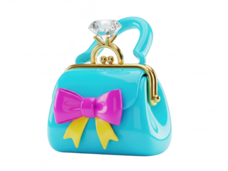 Teal purse with pink bow and gold hardware isolated on transparent background