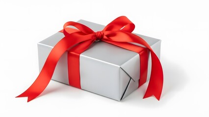 Fototapeta premium An elegant silver gift box adorned with a vibrant red ribbon, wrapped with care, presenting an air of anticipation and excitement.