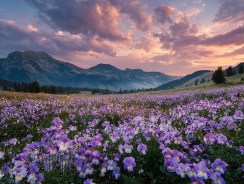 Mountain Valley Filled with Purple Wild Pansies at Sunrise or Sunset viola flower field