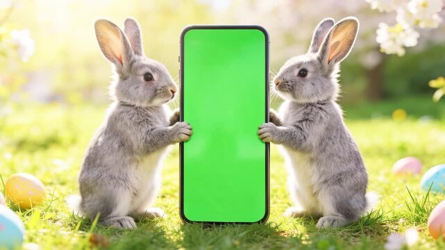 Slow motion with gray rabbits holding chroma key phone on a sunny day in a grassy garden setting with blooming flowers. Greeting card with spring holiday