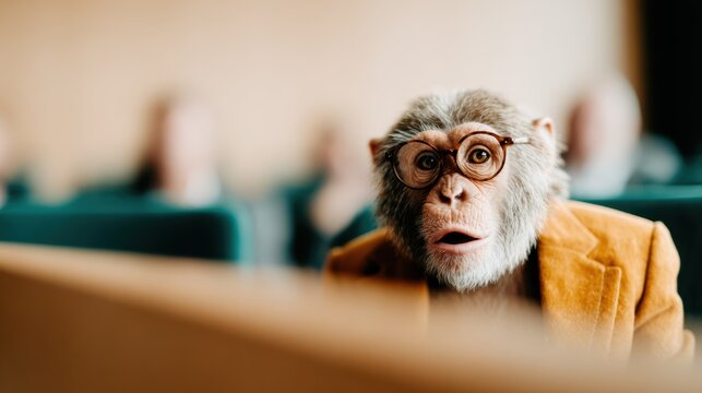 A whimsical image of a monkey wearing glasses, sitting attentively in a seminar setting, humorously blending nature with human culture and the curiosity of learning.