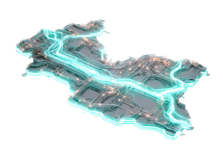 Abstract glowing futuristic landscape with glowing river isolated on transparent background