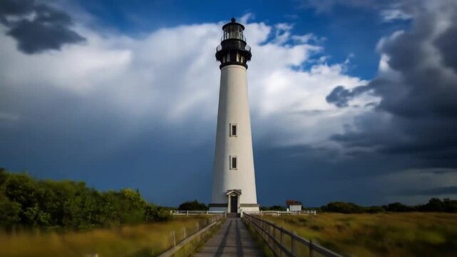 Coastal lighthouse towering against dramatic sky and landscape