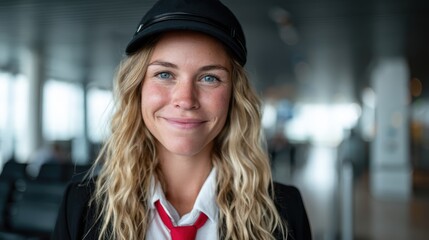 A friendly airline employee, sporting a stylish cap, stands confidently at an airport, highlighting professionalism and dedication in the travel industry.