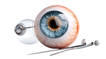 Realistic human eye with surgical tools isolated on transparent background