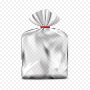 Empty clear plastic tied bread bag. Realistic 3d vector mockup. Transparent food pouch with twist tie. Mock-up. Bakery, grocery, food snacks package. Template for design