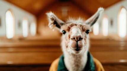 Obraz premium A charming llama stands humorously in a rustic church interior, showcasing its personality and creating a playful atmosphere that lightens the mood for those who see it.