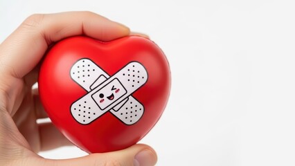 Fototapeta premium Caring Hand Holding a Red Heart with Band-Aids