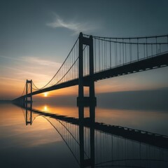 Fototapeta premium Majestic suspension bridge silhouetted against a vibrant sunrise over calm water casting a perfect reflection symbolizing