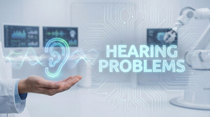 Futuristic medical setting with focus on hearing problems, featuring digital ear icon and advanced technology. scene conveys innovation in healthcare solutions