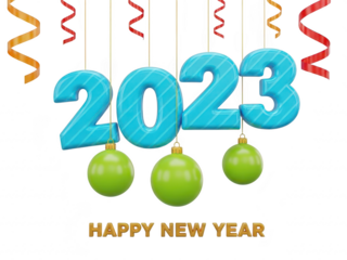 Happy new year 2023 celebration with blue numbers and green ornaments isolated on transparent background