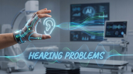 Futuristic digital interface displays hand interacting with holographic ear, symbolizing hearing problems and digital health solutions in medical setting