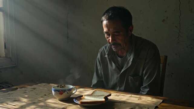 cinematic video portrait of a poor, despaired middle-aged man sitting alone at a small wooden table during breakfast. He wears worn, faded clothes. In front of him: a single piece of dry bread