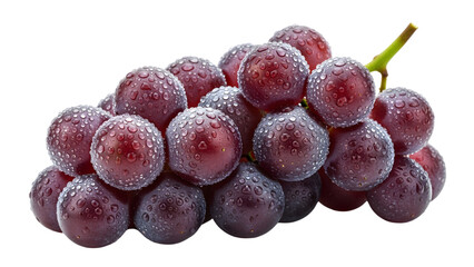 A close-up shot of a bunch of ripe, plump red grapes, glistening with water droplets against a transparent background