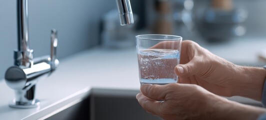 The Glass of Water Being Filled From Stainless Steel Kitchen Faucet by Hands