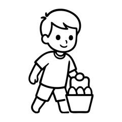 Dibujo sencillo de un niño andando sosteniendo en la mano una cesta llena de huevos de pascua, buscando dulces © teracreonte