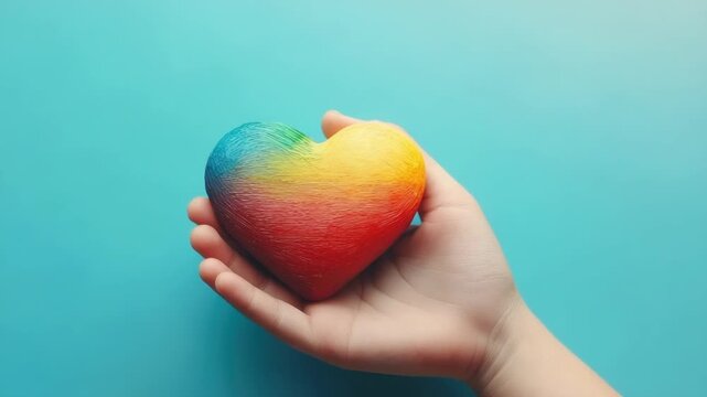 Light blue background with a kid's hand holding a bright heart. Concept for World Autism Awareness Day. Copy space