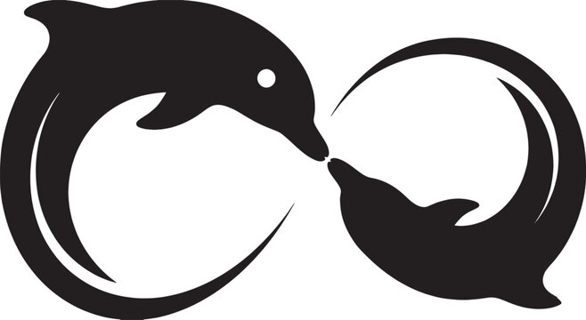 Two dolphins jumping in circular motion forming infinity symbol silhouette vector graphic