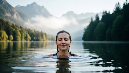 Fototapeta premium Woman relaxing in a calm lake with closed eyes. Peaceful morning dip in natural water body. Concept of wellness, nature connection and mental health.
