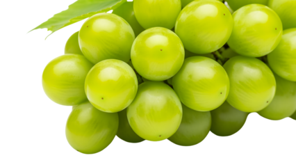 A close-up shot of a bunch of round, green grapes with a leaf, isolated on a black background, showing detail